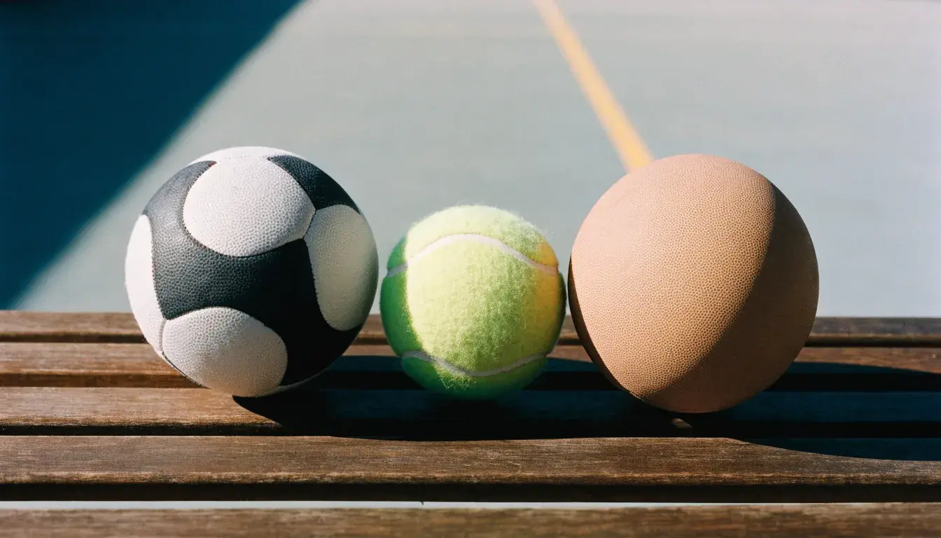 Três bolas de desportos diferentes alinhadas lado a lado num banco de madeira